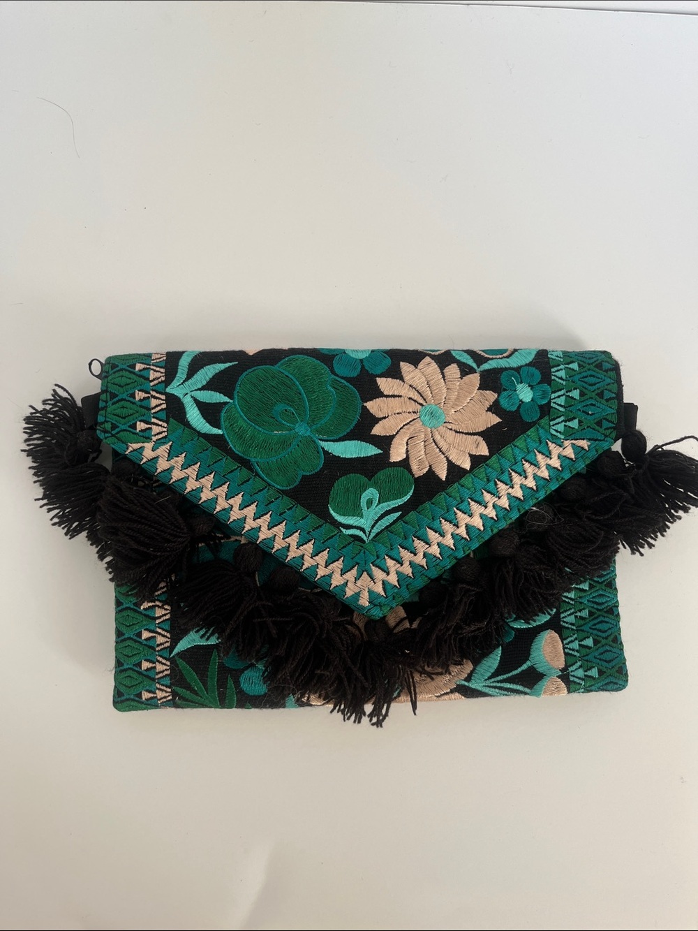 Embroidered Floral Envelope Clutch in Black and Teal